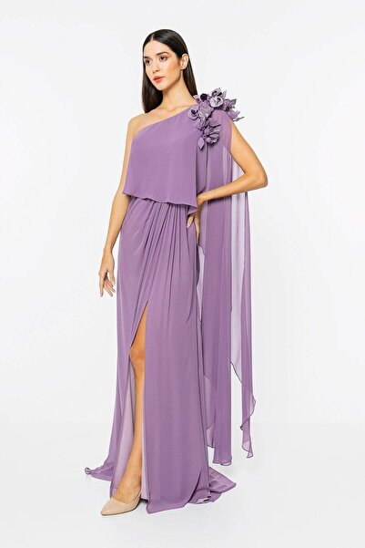 INVIDIA Tek Omzu Açık Yırtmaçlı Şifon Abiye Elbise