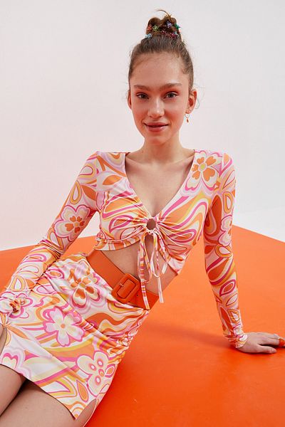 Koton Women's Orange Patterned T-Shirt 2SAL10626IK