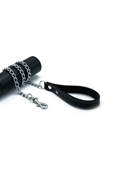 Doggie Comfortable Real Leather Handmade Chain Dog Walking Strap 3.5X110Cm Black