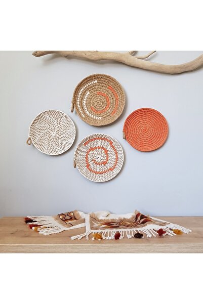 Limenis Afrika Etnik Dörtlü Hasır Tabak Seti Bohem Afrikan Sepeti Turuncu Duv...