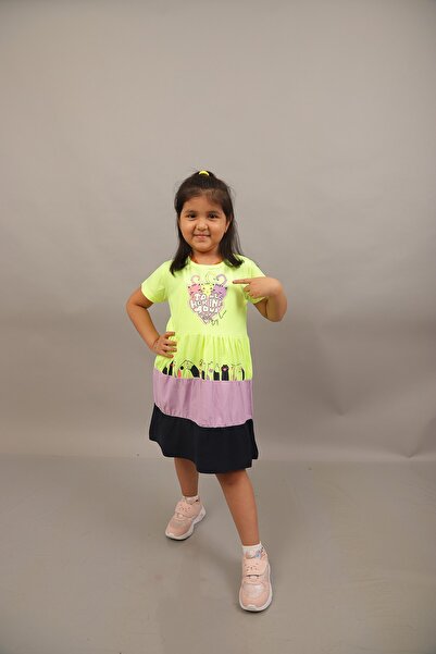 Bermini Kız Çocuk Yeşil Renk Baskılı Kısa Kollu Elbise