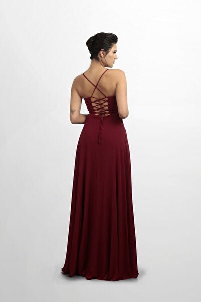 fevzuss Sırt Ip Bağlama Detay Şifon Bordo Abiye Elbise