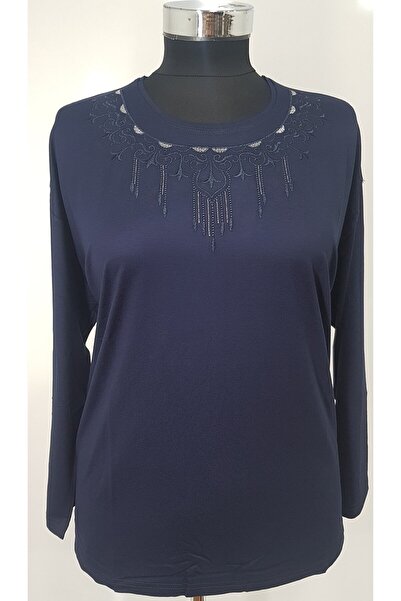 Nacar Anneler Günü Kadın Yakası İşlemeli Bisiklet Yaka Lacivert Büyük Beden A...