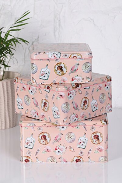 Genel Markalar 3'lü Set Serçe Şişe Desenli Kare Çok Amaçlı Metal Erzak Saklam...