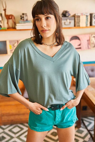 Olalook Women's Mint Green V-Neck Sleeve Detailed Knitted Viscon Blouse BLZ-19001895