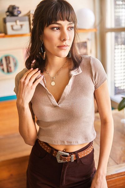 Olalook Women's Stone Polo Collar Crop Lycra Camisole Knitted Blouse BLZ-19001809