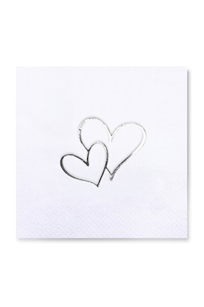 Story 33x33 Cm Gümüş Varak Kalpler Desenli 16'lı Beyaz Renkli Kağıt Peçete