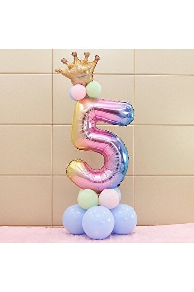 PARTİAVM Unicorn Theme Number Balloon Welcome Set 5 Year Old Rainbow Colors 5 Number Balloon with Gold Crown