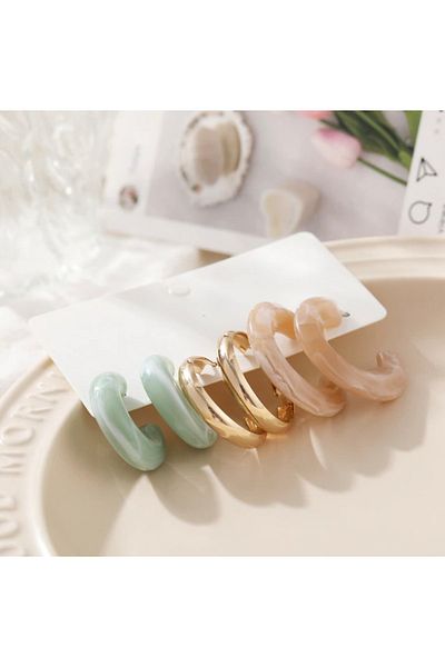 Takıtolia Vista Acrylic And Pearl Gold Gold Hoop Multiple Earrings Set