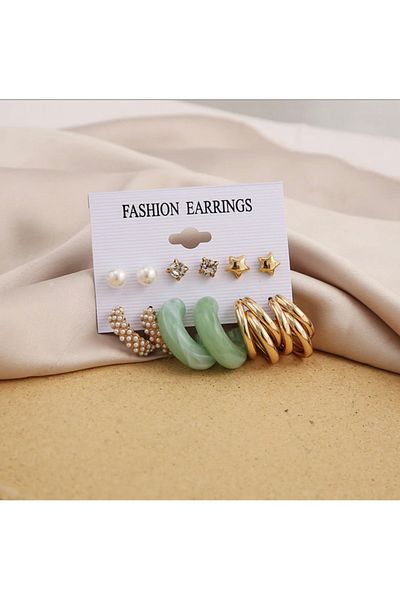 Takıtolia Greeny Acrylic and Pearl Gold Hoop Multiple Earrings Set