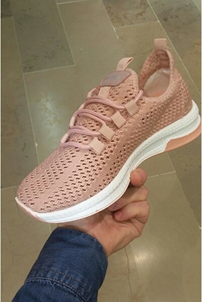 DEERWAY Kadın Delikli Triko Ortopedik Taban Pudra Pembe Sneaker Spor Ayakkabı