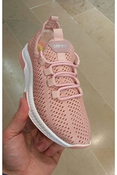 DEERWAY Kadın Delikli Triko Ortopedik Taban Pudra Pembe Sneaker Spor Ayakkabı