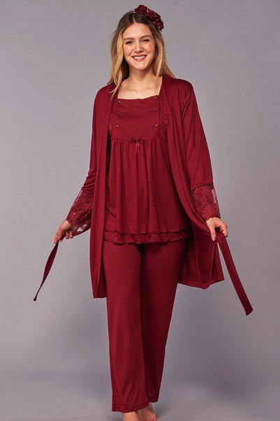 Flora Lohusa Hamile Sabahlıklı Kadın Pijama Takım Bordo