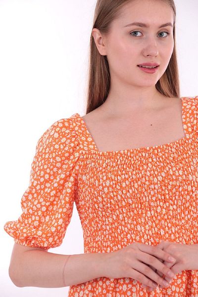 NKTCOLLECTİON Rochie de damă portocaliu cu model floral, din țesătură aerobin guiped, lungime midi Nkt-md1-tbt-100304