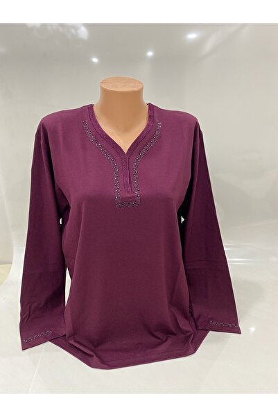 Nacar Anneler Günü Rahat Kesim Yaka Ve Kol Ucu Taş Işlemeli Kiremit Anne Penye Bluz