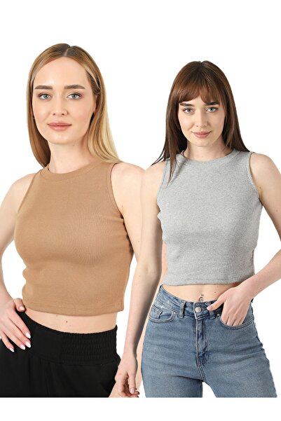 TİODES Γυναικεία μπλούζα με λαιμόκοψη σε γκρι μπισκότο 2 τεμαχίων