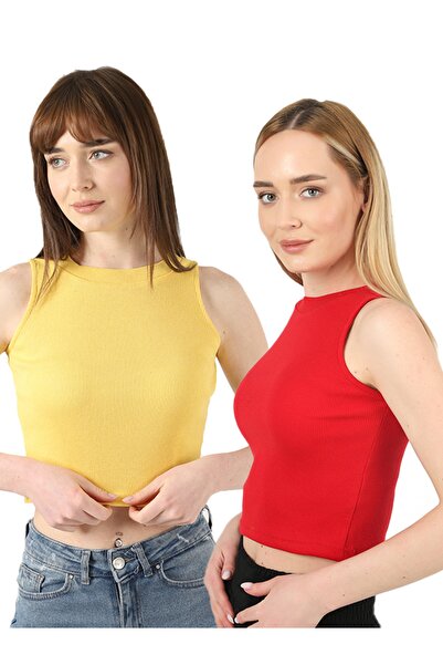 TİODES Women's Yellow Red Halter Neck 2-Piece Crop Blouse