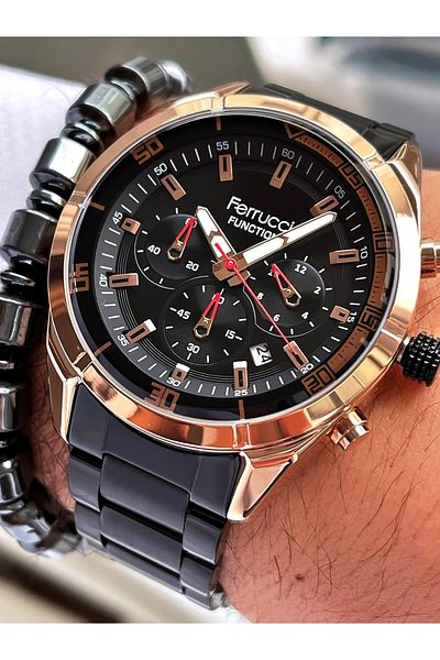 Ferrucci Black Color Rose Gold Case Functions Active Men's Wristwatch + Hematite Natural Stone Bracelet Gift