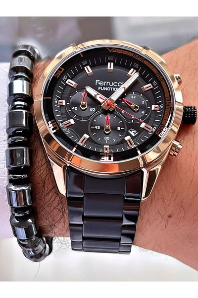 Ferrucci Black Color Rose Gold Case Functions Active Men's Wristwatch + Hematite Natural Stone Bracelet Gift