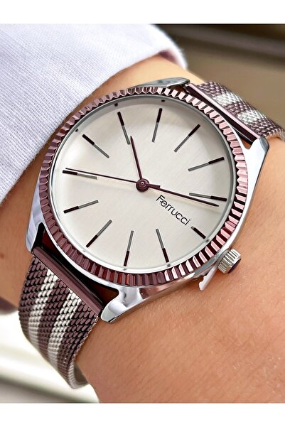Ferrucci Bordo Gümüş Çift Renk Klasik Hasır Kadın Kol Saati