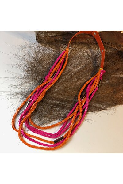 AGG TASARIM Pembe Turuncu Boncuklu Uzun Kolye