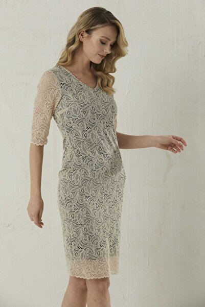 Selen Giyim V Yaka Güpürlü Renkli Astar Elbise