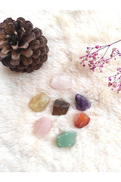 LightCrop Chakra Stone Raw Set (7 Pieces) (kaplangözü,k.quartz,agate,amethyst,p.quartz,aventurin,citrine)