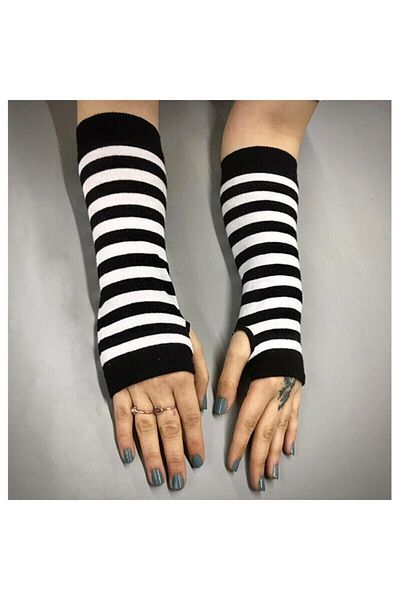 İYİ MODA Cut Finger Double Black and White Striped Sleeve