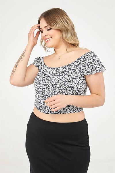 Seamoda Frill Strap Enamel Patterned Large Size Women's Spring-summer Crop-ecru