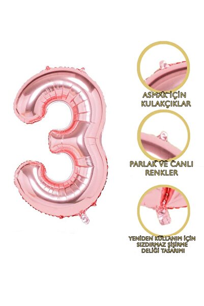PARTİAVM Rose Gold Number Balloon Age 3 Medium Size 76cm Dried Rose Metallic Number Balloon