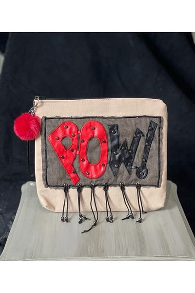 Gönülden Tasarım Δερμάτινο Pow Written Tassel Appliqued Pompom Portfolio Clutch Χέρι και Τσάντα Μακιγιάζ 25x28 cm