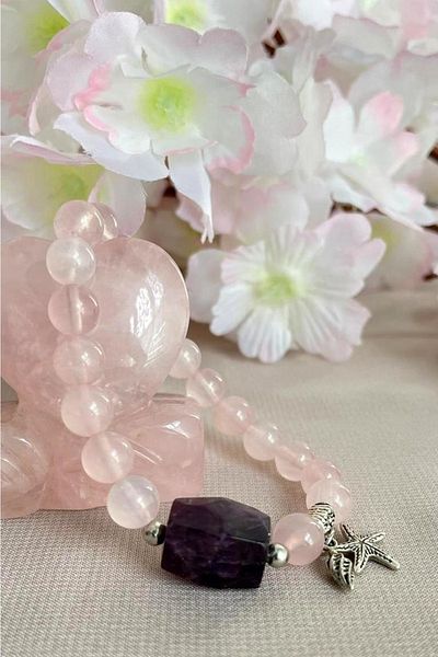 CRAZY TAKI TASARIM 8 Mm Pink Quartz & Amethyst Natural Stone Bracelet
