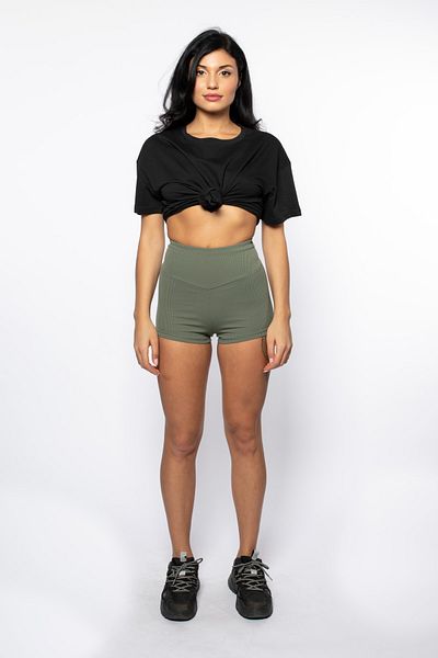 Grenj Fashion Mini pantaloni scurți kaki cu nervuri cu talie foarte înaltă