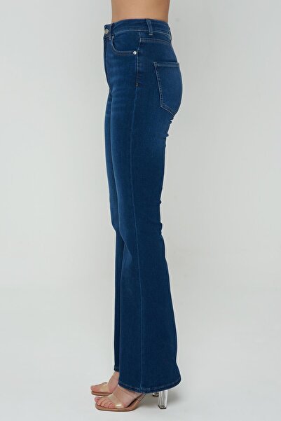 CROSS JEANS Aurora Koyu Mavi Yüksek Bel Flare Fit Patı Fermuarlı Pantolon Jean C 4528-018