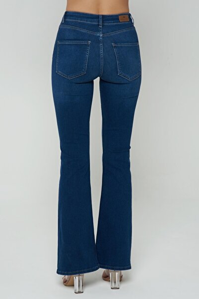 CROSS JEANS Aurora Koyu Mavi Yüksek Bel Flare Fit Patı Fermuarlı Pantolon Jean C 4528-018