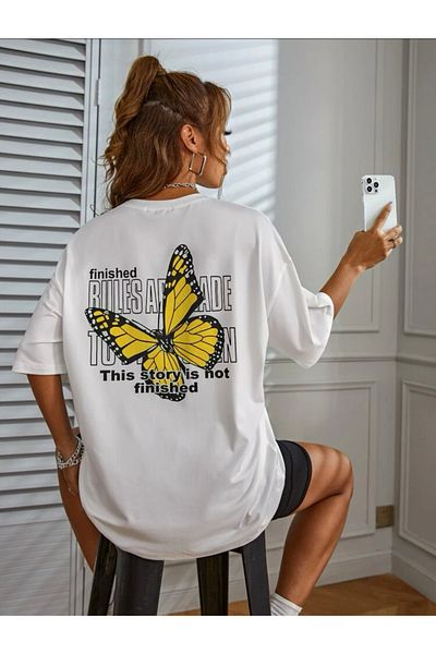 AFROGİYİM Tricou de damă oversize, alb, galben, cu imprimeu fluture
