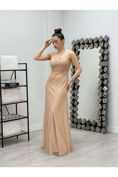 giyimmasalı Rochie din țesătură cu paiete cu guler pătrat - Aur