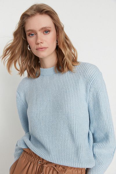 Trendyol Collection Pulover de tricotaj de bază cu textură moale, cu tăiere largă, albastru TWOAW20FV0142