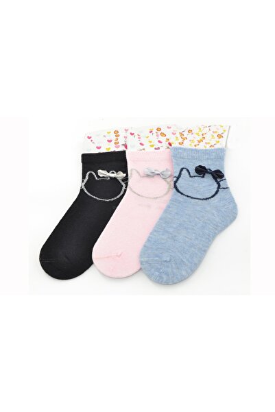 Ekinoks 3-Piece Cat Ribbon Print Half Socks for Girls