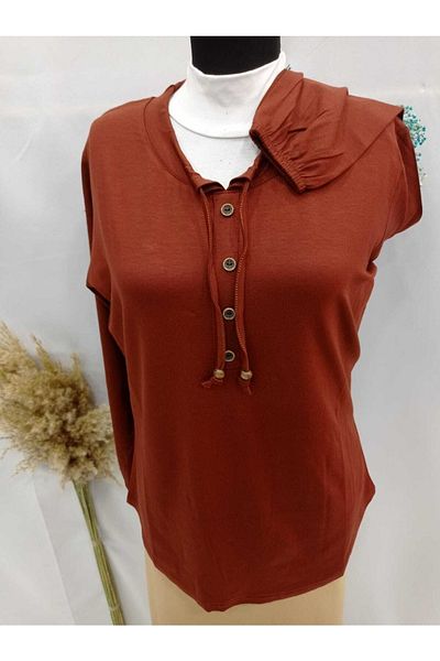 Sel Tekstil 2022 Model Normal Size Elastic Sleeves and Collar Drawstring Mother's Blouse