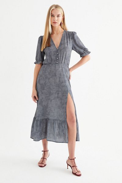 Hanna's by Hanna Darsa Women's Gray V-Neck Front Slit Woven Dress