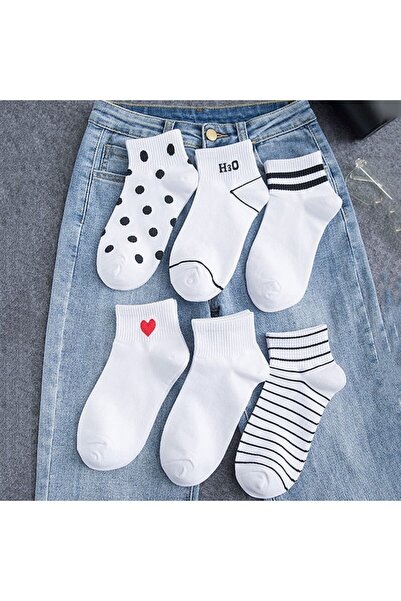 çorapmanya 6 Çift Yarım Konç Çizgili-çizgisiz / Beyaz Unisex Kolej Tenis Çorap