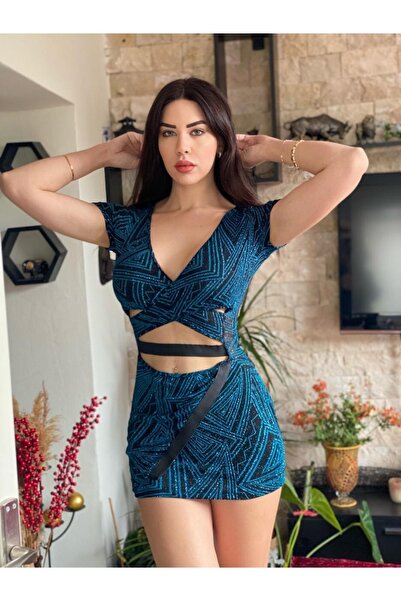 KAYAHAN COLLECTION Simli Göbek Dekolteli Yarım Kol Kadın Mini Elbise