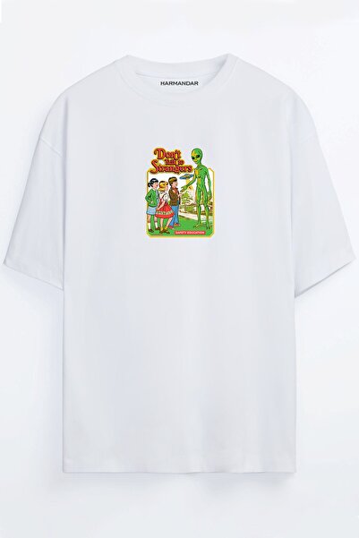 Harmandar Tricou supradimensionat Dont Talk Strangers Alien Unisex Negru - Alb