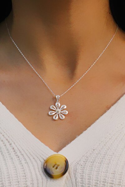 Midyat Nurtaş Gümüş Papatya Model El Işçiliği Telkari Gümüş Kadın Kolye 20101...