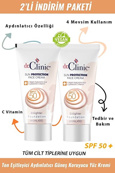 Dr. Clinic Aydınlatıcı Fondöten Güneş Koruyucu Yüz Krem Spf+50 2'li Set (50ml)