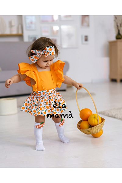 BabyPuff Girl's Orange Patterned Salopet Bandana Orange Socks Set of 3