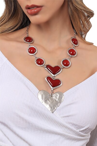 LABALABA Kadın Antik Gümüş Kaplama Kırmızı Boncuk Detaylı Kalp Kolye