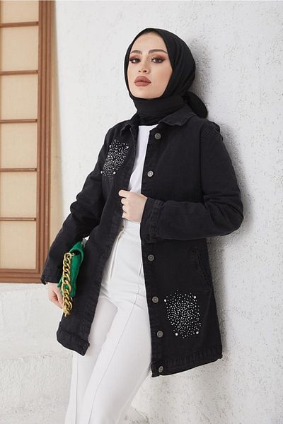 benguen 7703 Πέτρινο Κεντημένο Τζιν Μπουφάν Hijab Μαύρο