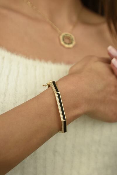 CETAŞ Kadın Siyah Mineli Minima Altın Kelepçe Bilezik